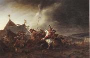 Philips Wouwerman A Detachment of cavalry attacking a camp oil on canvas